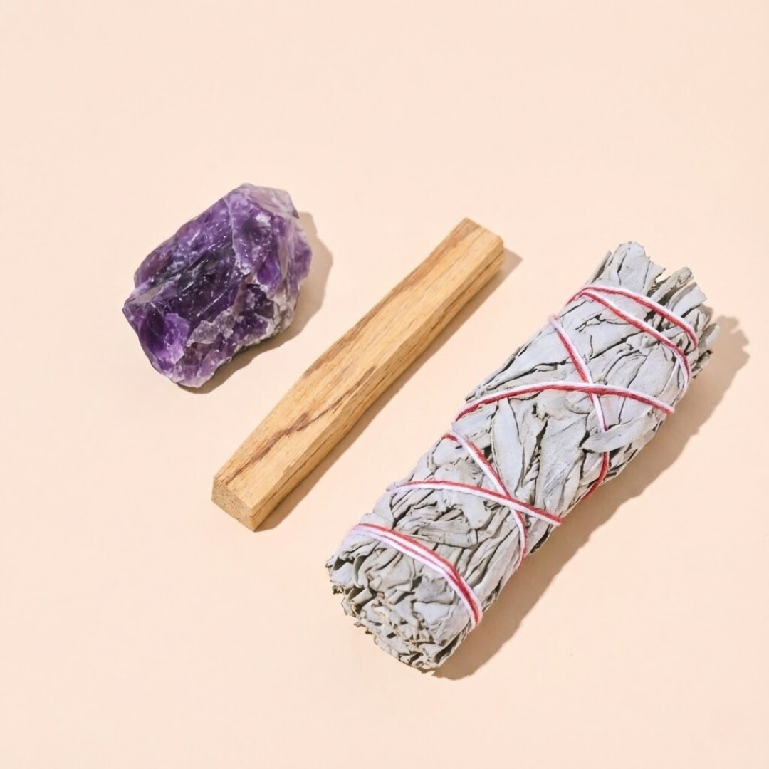 Zestaw Oczyszczający Energię – Ametyst z Szałwią Białą i Palo Santo