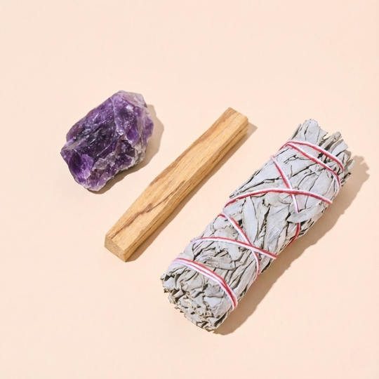 Zestaw Oczyszczający Energię – Ametyst z Szałwią Białą i Palo Santo