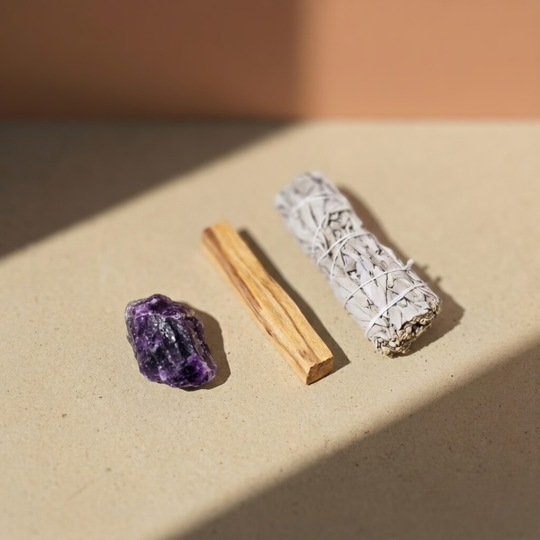 Zestaw Oczyszczający Energię – Ametyst z Szałwią Białą i Palo Santo