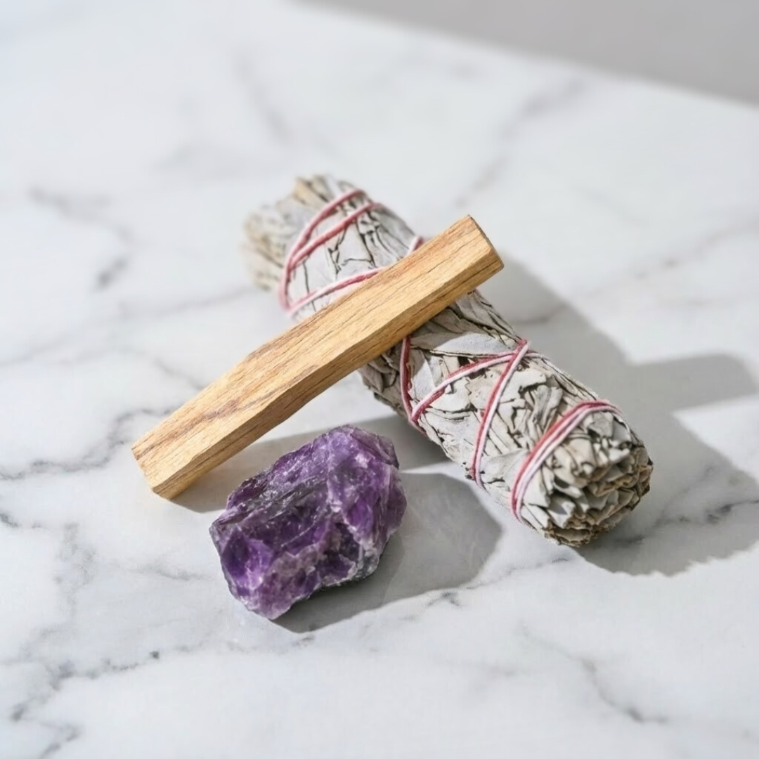 Zestaw Oczyszczający Energię – Ametyst z Szałwią Białą i Palo Santo