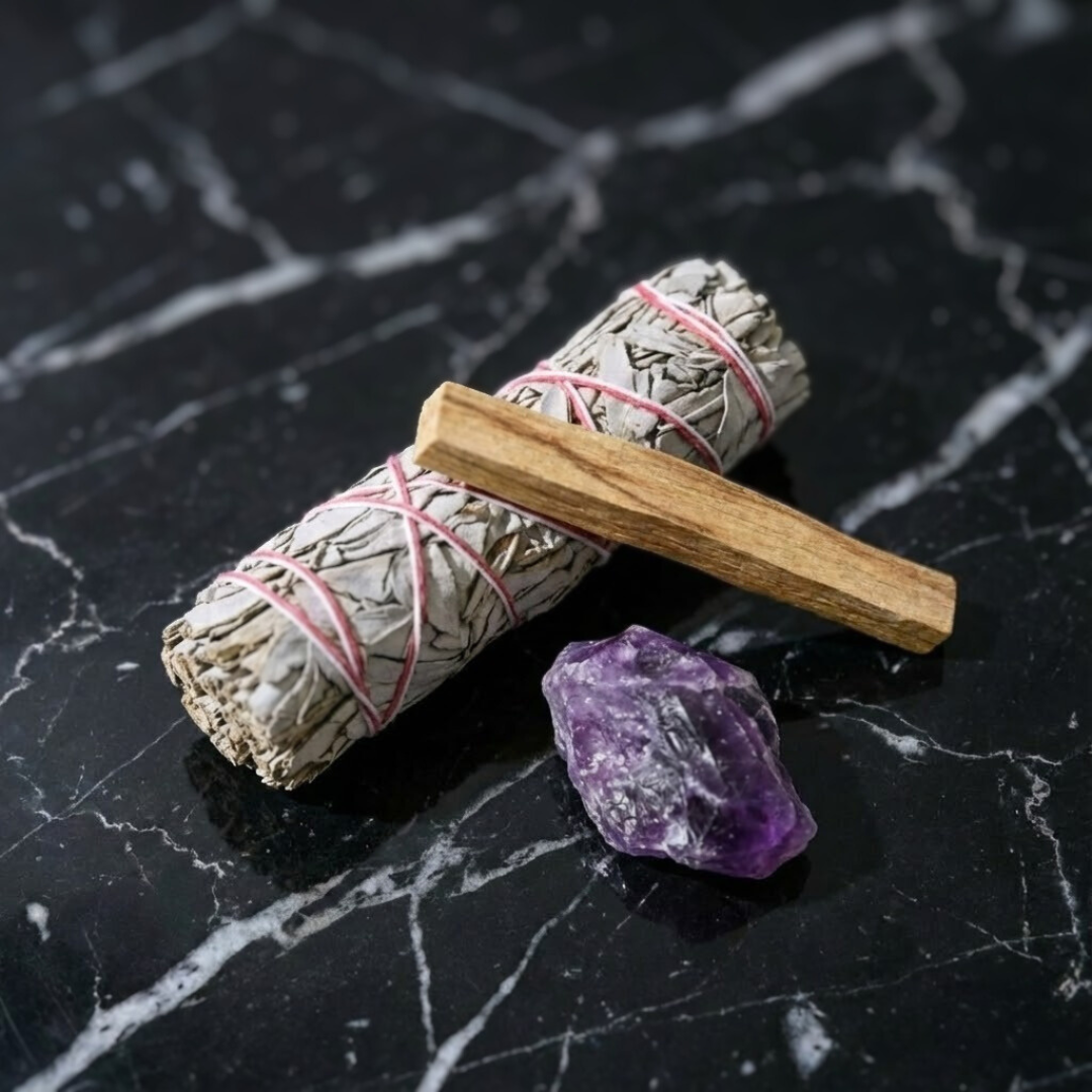 Zestaw Oczyszczający Energię – Ametyst z Szałwią Białą i Palo Santo