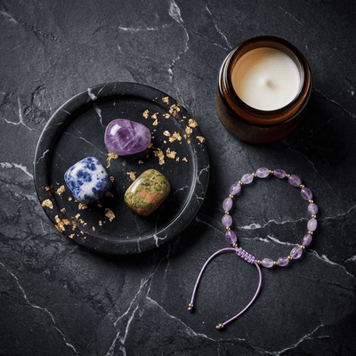 Wsparcie Psychiczne + Bransoletka na stres - Zestaw Kamieni z Bransoletką i świecą intencyjną