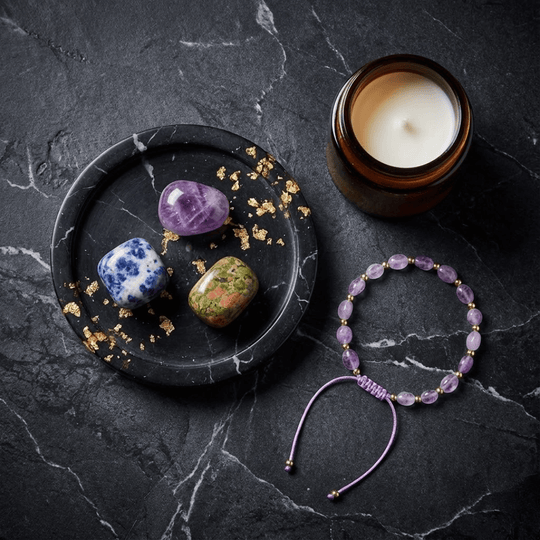 Wsparcie Psychiczne + Bransoletka na stres - Zestaw Kamieni z Bransoletką i świecą intencyjną