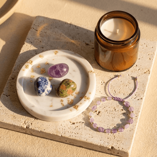 Wsparcie Psychiczne + Bransoletka na stres - Zestaw Kamieni z Bransoletką i świecą intencyjną